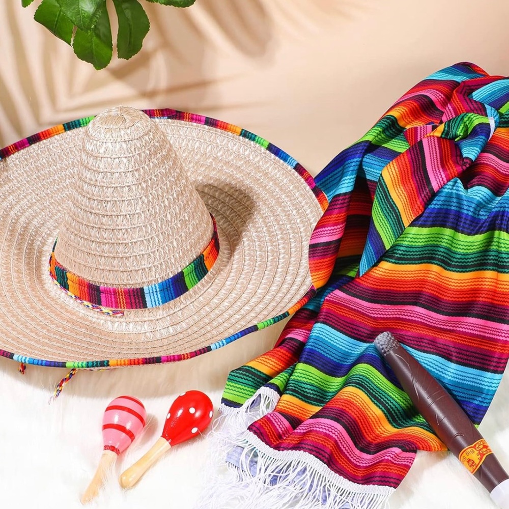 Halloween costume: Serape Poncho, Sombrero Hat, Maracas, Stick Prop